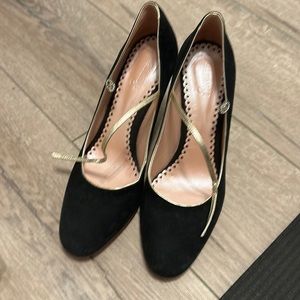 Emmy black suede leather Mary Jane pumps rounded toe jeweled buckle gold strap.